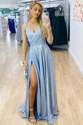 A-line V-neck Long Prom Dresses, Evening Dress with Side Slit